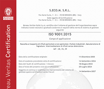 Sistema di qualità aziendale certificato ISO 9001:2015